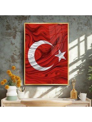 Glitglass Gold Detaylı Türk Bayrağı Cam Tablo - Lüks Ofis ve Ev Hediyesi - Temperli Cam