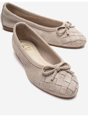 Luvi 03 Bej Süet Hakiki Deri Kadın Babet Ayakkabı