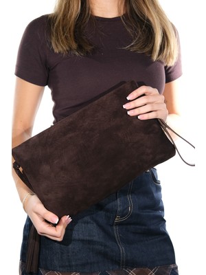 Luvi Morden Kahverengi Süet Hakiki Deri Kadın Clutch Çanta