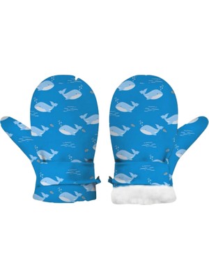 Petityu Balina Desenli Mavi Içi Pufudik Sıcak Tutan Yumuşacık Eldiven