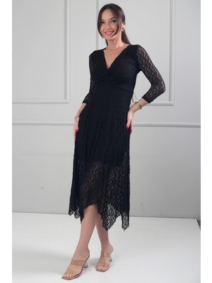 By Saygı Kadın Önü Düğüm Detaylı Astarlı Etekleri Asimetrik Dantel Midi Elbise