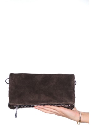 Luvi Thomas Kahverengi Süet Hakiki Deri Kadın Boncuklu Clutch Çanta