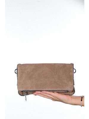 Luvi Thomas Vizon Süet Hakiki Deri Kadın Boncuklu Clutch Çanta