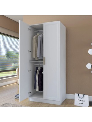 Rani BA201 Membran Kapaklı Gardırop Raflı 2 Askılı 2 Kapaklı Elbise Dolabı Beyaz