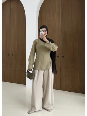 Moda Aksa 2019 Yırtmaçlı Bluz Yeşil