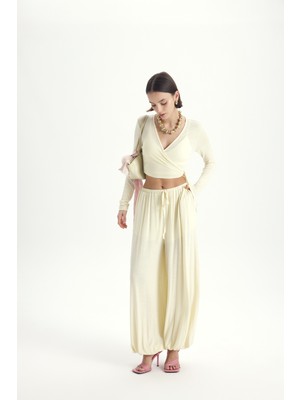 Mai Vena Bağlamalı Sarı Crop Şalvar Pantolon Takım