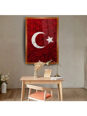 Glitglass Kırmızı Gül Detaylı Türk Bayrağı Cam Tablo - Ay Yıldız Dekoratif Cam Tablo