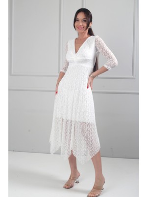 By Saygı Kadın Önü Düğüm Detaylı Astarlı Etekleri Asimetrik Dantel Midi Elbise