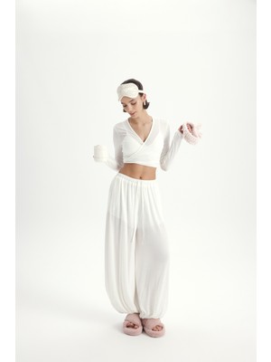 Mai Vena Bağlamalı Ekru Crop Şalvar Pantolon Takım