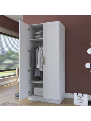 Rani BA203 Membran Kapaklı Gardırop 2 Raflı  Askılı 2 Kapaklı Elbise Dolabı Beyaz