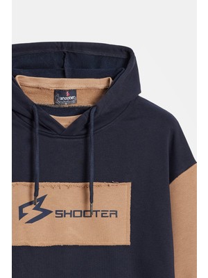 Lacivert -  Bej Erkek Oversize Kapüşonlu Baskılı Kanguru Cepli Sweatshirt 2xl