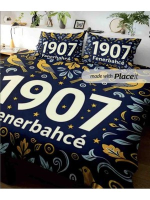 240X260 cm Çift Kişilik Nevresim Takımı Pamuk Saten Antibakteriyel Fenerbahçe Fb 1907 Sarı Kanarya Sarı Lacivert