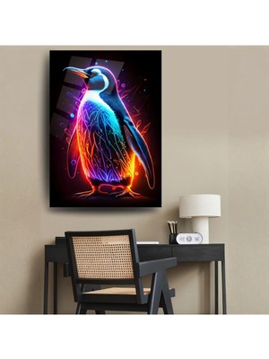 Glitglass Neon Renkli Modern Penguen Figürlü Cam Duvar Tablosu