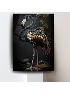 Glitglass Lüks Siyah ve Altın Flamingo Cam Tablo - Modern Egzotik Duvar Dekoru