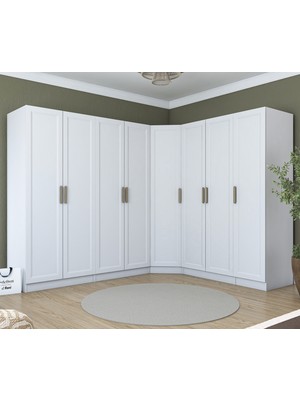 Rani BA206 Geniş Köşe Modül Membran Kapaklı Gardırop 2 Çekmeceli 18 Raflı 4 Askılı 8 Kapaklı Modüler Elbise Dolabı Beyaz