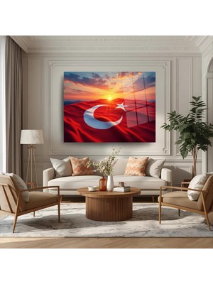 Glitglass Gün Batımı Türk Bayrağı Cam Tablo - 4mm Temperli Cam - Dalgalanan Bayrak Modern