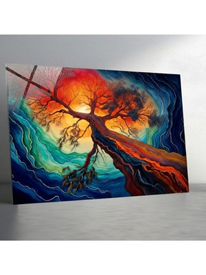 Glitglass Soyut Doğa ve Ağaç Figürlü Lüks Cam Duvar Tablosu