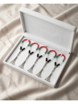 Zaytoon 5\'li Filistin Bayrak Tasarımlı Kristal Taşlarlı El Yapımı Gümüş Imame Tespih 33\'lü A300053-05