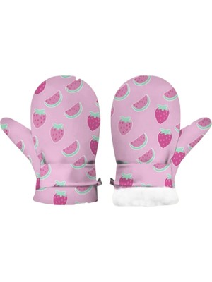 Petityu Çilek Karpuz Desenli Içi Pufudik Sıcak Tutan Yumuşacık Pembe Eldiven