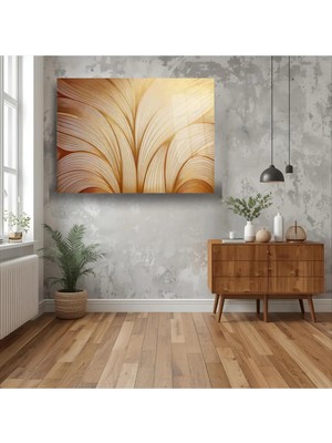 Glitglass Modern Altın Yaprak Detaylı Soyut Cam Tablo - Lüks Antre ve Salon Duvar Dekoru