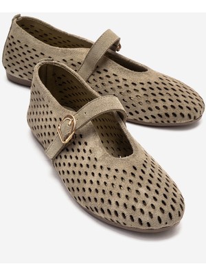 Luvi Arian Yeşil Süet Hakiki Deri Delikli Kadın Babet Ayakkabı