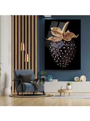 Glitglass Gold Detaylı Siyah Çilek Cam Tablo - 4mm Temperli Kırılmaz Cam Duvar Sanatı
