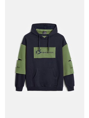Lacivert - Haki Erkek Oversize Kapüşonlu Baskılı Kanguru Cepli Sweatshirt S