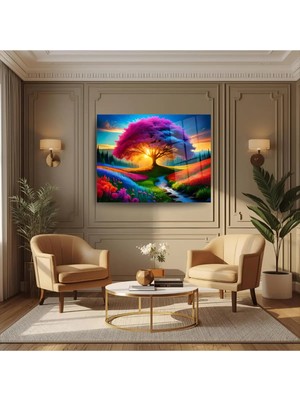 Glitglass Gökkuşağı Renklerinde Hayat Ağacı Cam Tablo - 4mm Temperli Kırılmaz Cam - Estetik Manzara Sanatı
