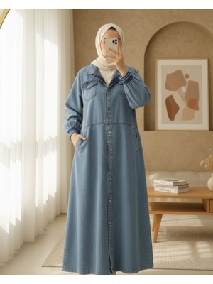 Modamorfo Boydan Düğmeli Cepli Kolu Ribanalı Kot Kap -Buz Mavi