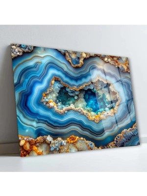 Glitglass Mavi Akik Mermer Desenli Cam Tablo - 4mm Temperli Cam - Lüks Modern Duvar Dekoru