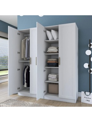 Rani BA208 Membran Kapaklı Gardırop 5 Raflı 2 Askılı 4 Kapaklı Elbise Dolabı Beyaz