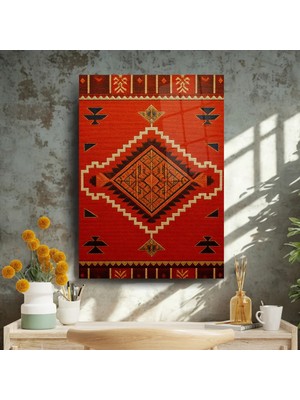 Glitglass Geleneksel Kilim Desenli Cam Tablo - Kırmızı ve Modern Etnik Duvar Dekoru