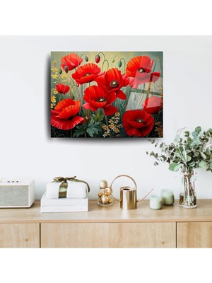 Glitglass Kırmızı Gelincik Çiçeği Cam Tablo - 4mm Temperli Cam - Modern Floral Duvar Dekoru