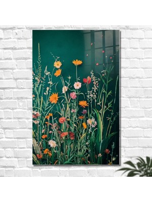 Glitglass Modern Kır Çiçekleri Desenli Cam Tablo - Koyu Yeşil Zeminli Botanik Duvar Dekoru