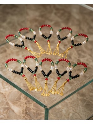 Zaytoon 10\'lu Filistin Bayrak Tasarımlı Kristal Taşlarlı El Yapımı Altın Imame Tespih 33\'lü A300045-10