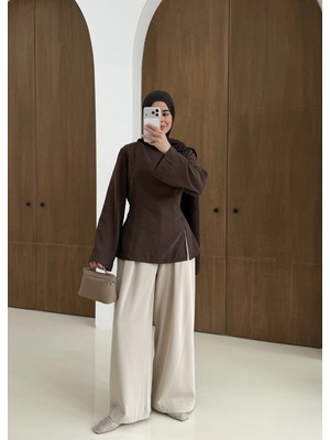 Moda Aksa 2019 Yırtmaçlı Bluz Kahve