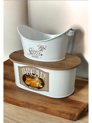 Feyza Design Büyük Boy Metal Ekmeklik ve Sofra Için Beyaz Desenli Kapaklı Set