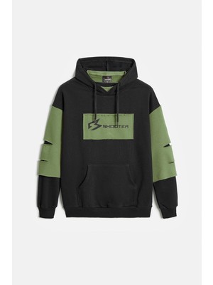 Siyah - Haki Erkek Oversize Kapüşonlu Baskılı Kanguru Cepli Sweatshirt Xl