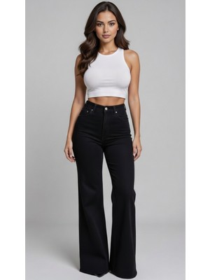 Rose Geniş Paça Palazzo Likralı Siyah Kadın Kot Pantolon