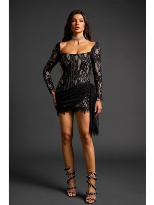 Cemo Kadın Siyah Dantel Detaylı Uzun Kollu Mini Elbise