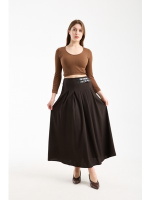 Win Moda Winmoda Uzun Maxi Etek 94 cm Yan Kemer Detaylı Pileli Tesettür Siyah Kahve S/xl