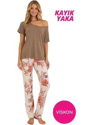 Bie's Kadın Kahverengi Çiçek Desenli Düğmesiz Kayık Yaka Viskon Düşük Omuz Kısa Kol Ev Giyim Homewear Pijama Takımı