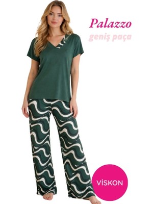 Bie's Kadın Koyu Yeşil Desenli Düğmesiz Geniş Yaka Viskon Oversize Kısa Kol Palazzo Geniş Paça Alt Homewear Pijama Takımı