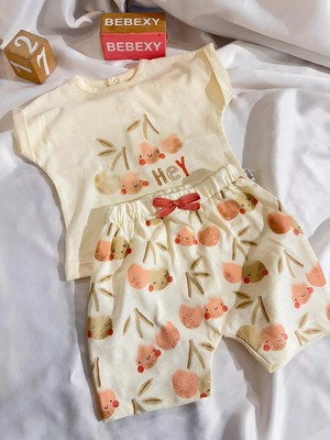 bebexy Kiraz Desenli Şortlu Takım Krem