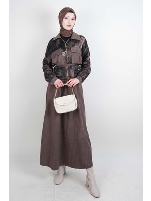 Tesettür Takım Çift Cepli Batik Saten Ceketli Etekli Ikili Takım Kahverengi