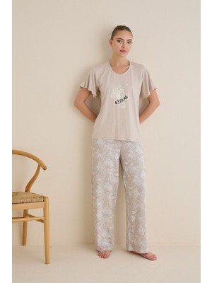 Bie's Kadın Bej Çiçek Desenli Düğmesiz Geniş Yaka Viskon Oversize Kısa Kol Palazzo Geniş Paça Alt Homewear Pijama Takımı