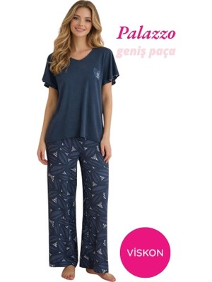 Bie's Kadın Antrasit Desenli Düğmesiz Geniş Yaka Viskon Oversize Kısa Kol Geniş Paça Alt Palazzo Homewear Pijama Takımı