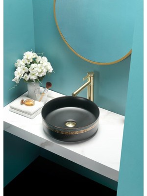 Harmeh Siyah Gold Detaylı Tezgah Üstü Çanak Lavabo 40X40X13CM