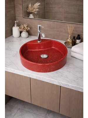 Taş Atölyesi Mermer Desenli Tezgah Üstü Yuvarlak Çanak Taş Lavabo 45 cm Musluk Delikli