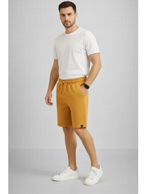 Uslucan Alışveriş Erkek Otoban Dokuma Şort Beli Lastikli Bağcıklı, Cepli, Rahat Kesim Günlük Yazlık Şort - Hardal